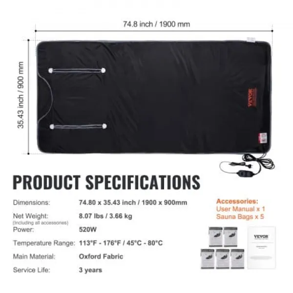 New Bastu-filt Fjärrinfraröd Uppvärmning 190x89 cm, Armhål, Oxfordtyg Bastu