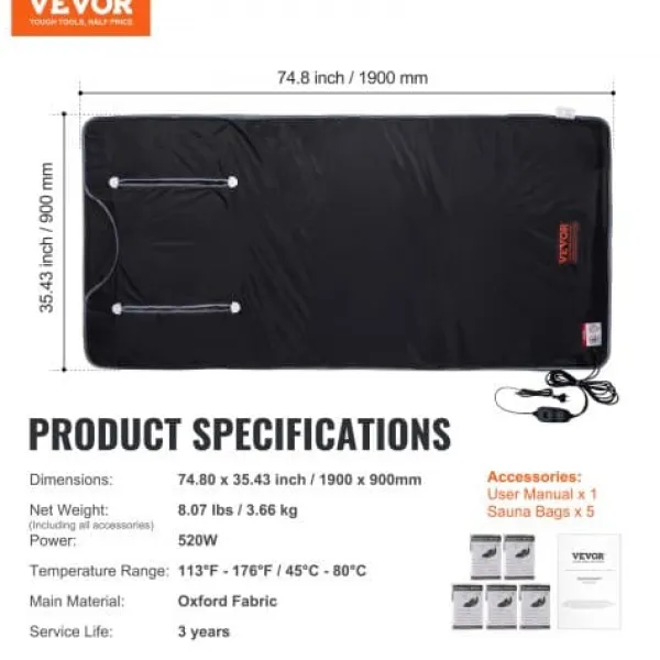 New Bastu-filt Fjärrinfraröd Uppvärmning 190x89 cm, Armhål, Oxfordtyg Bastu