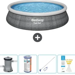 Round Uppblåsbar Fast Set Pool - Rottingtryck - 457 x 84 cm - Inklusive Tillbehör - CB58 Pooler