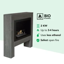 Best Bioetanolkamin – Bolea BBW – träutseende – 1,5 kW uppvärmning – eldstadsomramning inklusive inbyggd kamin – äkta lågor. Öppna Spisar