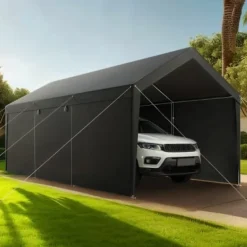 Online Carport, 365x609x302 cm, Grå, Stålram Skjul, Garage & Carports