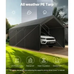 Online Carporttak 3,5x6,5m, Kraftigt Bilskydd, med Sidoväggar, Färg: Vitt Skjul, Garage & Carports