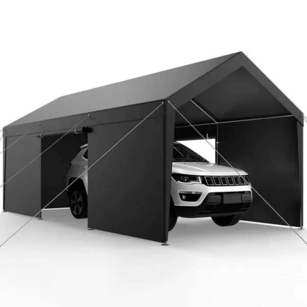 Online Carporttak 3,5x6,5m, Kraftigt Bilskydd, med Sidoväggar, Färg: Vitt Skjul, Garage & Carports