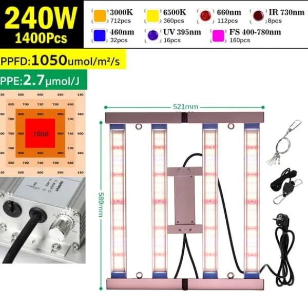 Fällbar Fullspektrum LED-växtlampa, dimbar, hög PPFD,240W
