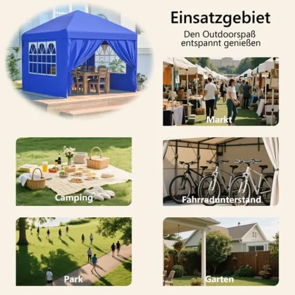 New Fällbar trädgårdspaviljong 3x3 m med 4 sidoväggar, höjdjusterbar i 3 lägen, blå Tält & Lusthus