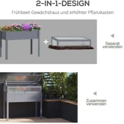 Hot Högbädd i trä med växthus 120x54x112/122 cm, polykarbonat, grå – för tomater & grönsaker Växthus
