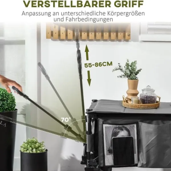 Discount Hopfällbar vagn upp till 120 kg, teleskophandtag, sidofickor & fällbar bricka, mörkgrå Trädgårdsverktyg
