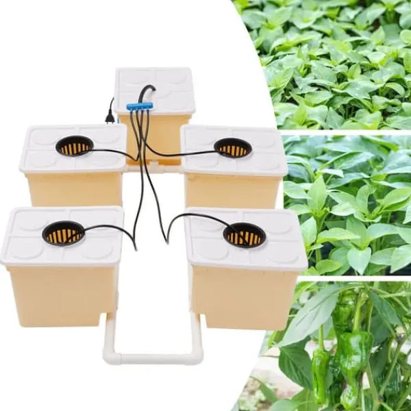 Sale Hydroponiskt odlingssystem - KP182 - 5 hinkar - 11 L kapacitet - Inomhus droppbevattning - Komplett kit - Gul och vit Kit För Växt- & Örtplantering