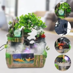 Online Inomhusfontän - Bordfontän med akvarium - LED-belysning - Dimgenerator - Vattenfall - 30 x 18 x 33 cm - Harts - 220 V - Brun Fontäner & Dammar