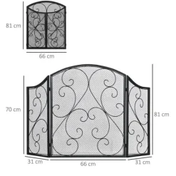 Kamingaller gnistskydd, vikbart 3-panel, vintage, metall, svart
