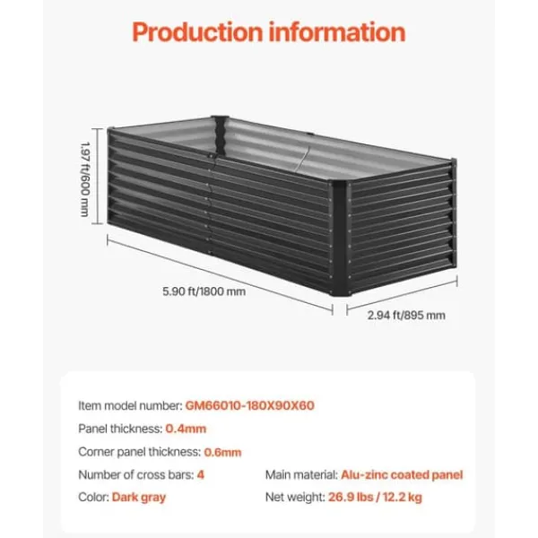 Metallisk Upphöjd Trädgårdssäng, 6x3x2ft Modell, Utomhus Galvaniserad Planteringslåda, Mörkgrå Färg