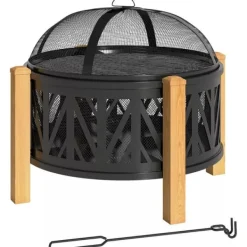 New Outsunny Eldstad med grillgaller 2-i-1, Metall, Svart/Brun, Ø75x58 cm Öppna Spisar