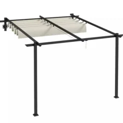 Outsunny Pergola 3x3m med infällbart tak, väggmonterad, vindtålig & vattentät, creme polyester