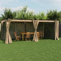 Outlet Paviljong med draperi taupe 6x3 m stål Valvbågar, Spaljéer, Bersåer & Pergolor