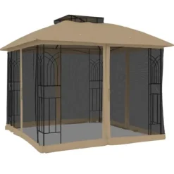 Paviljong med dubbelt tak och nätväggar - Utomhusavkoppling | Färg: Taupe | Storlek: 2,94x2,94 m