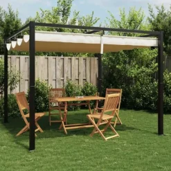 Clearance Paviljong med infällbart tak gräddvit 3x3 m stål Valvbågar, Spaljéer, Bersåer & Pergolor