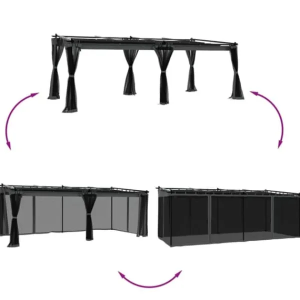 Clearance Paviljong med nätväggar - Rostbeständig Stålram | Färg: Antracit | Storlek: 6x3 m Valvbågar, Spaljéer, Bersåer & Pergolor