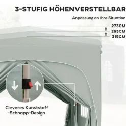 Paviljong 3x3 m pop-up, vattenavvisande, vintertålig, UV-skydd 50+, 4 sidoväggar & väska, ljusgrå