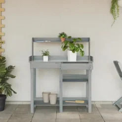 Best Plantbord med hyllor av massivt granträ - Växtbord för trädgård | Färg: Grå | Storlek: [ange storlek] Planteringsbänkar