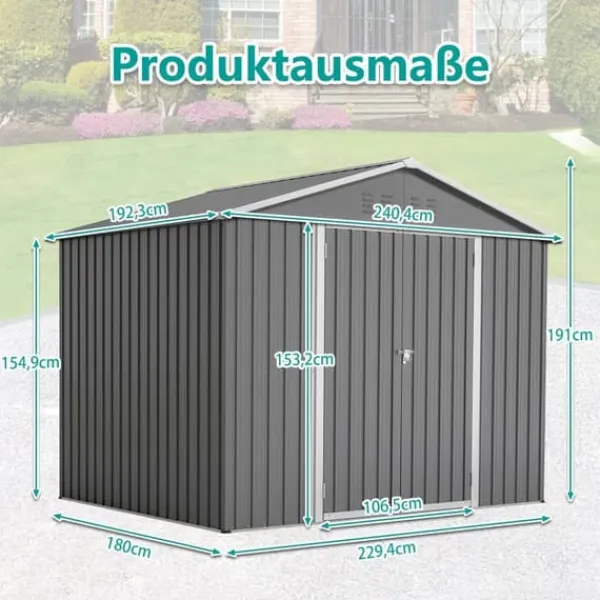 Redskapsbod i metall 8×6 ft med vikdörr, antracitgrå – för trädgårdsredskap & verktygsförvaring