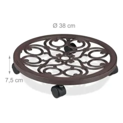 Relaxdays stöd för rullande växter, rund, i metall, rullande bricka för blomkrukor, antik utseende, brun Stöd Med Hjul, Säten & Knäskydd För Trädgårdsskötsel