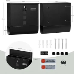 Rootz Wall Mailbox - Outdoor Letterbox - Locking Mail Holder - Rust -resistent, Privacy Secure - 37x37x10.5 cm svart