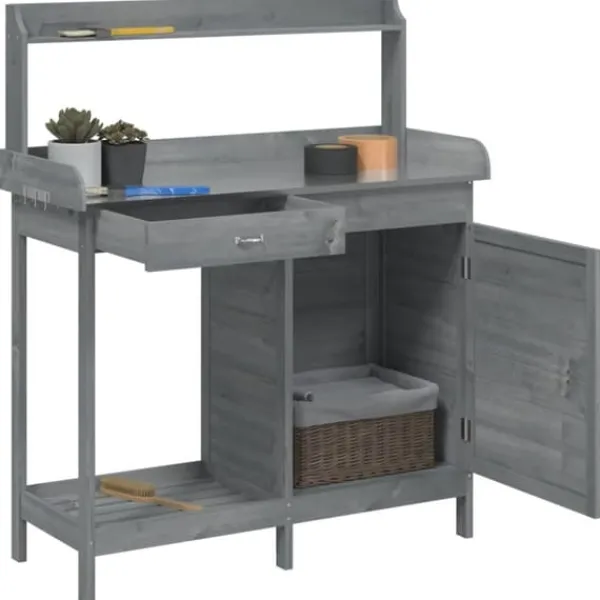 The Living Store Odlingsbänk med skåp grå 110,5x45x124,5 cm massivt granträ - Växtställ