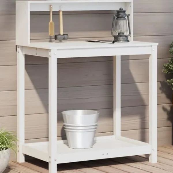 The Living Store Växtbord med hyllor vit 82,5x50x109,5 cm massiv furu - Växtställ
