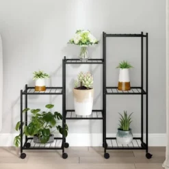 The Living Store Växtställ på hjul 83x25x83,5 cm svart järn - Växtställ