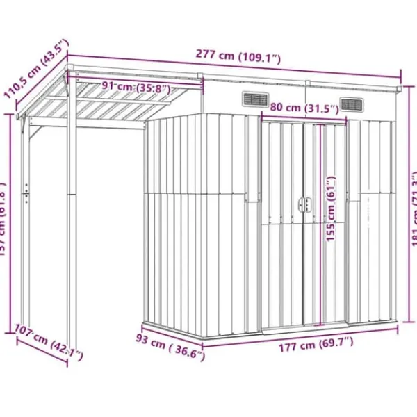 Online Trädgårdsbod med förlängt tak i stål - Förvaring för verktyg och möbler | Färg: Antracit | Storlek: 277x107x181 cm Skjul, Garage & Carports