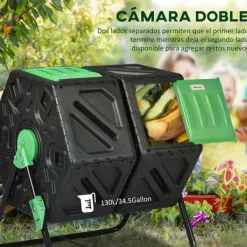 Trädgårdskompost - Roterande komposttumbler - Dubbelkammare - 130 l - Metall - 67 x 60 x 77 cm - Svart