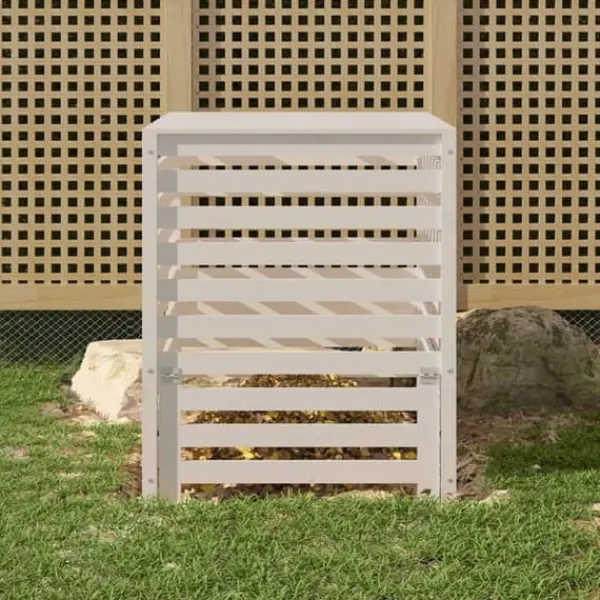 Trädgårdskompost av massiv furu - Hög kapacitet med praktiskt lock | Storlek: 82,5x82,5x99,5 cm | Färg: Vit Kompostering