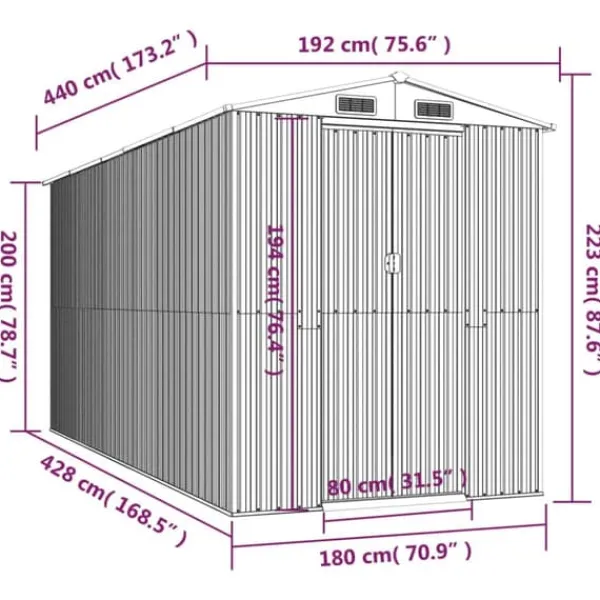 Trädgårdsskjul i galvaniserat stål - Rymlig förvaring för redskap | Färg: Antracit | Storlek: 192x440x223 cm