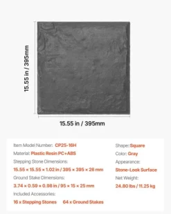 Sale Trädgårdsstenar - Stegstenar/Gångplattor 16-pack 39,5 x 39,5 cm - Med Pålar - Väderbeständig Plast - Slät Yta - För Gräsmatta/Terrass - Grå Trädgårdsstenar & Klivstenar