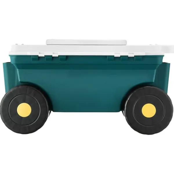 Hot Trädgårdsvagn på hjul, Scootermodell med säte, 114 kg bärkapacitet, förvaringslåda och sittdyna Stöd Med Hjul, Säten & Knäskydd För Trädgårdsskötsel