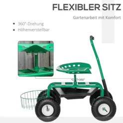 Discount Trädgårdsvagn/verkstadsvagn med roterbar sits & korg, höjdjusterbar, 150 kg, grön, 81×44,5×46–59 cm Stöd Med Hjul, Säten & Knäskydd För Trädgårdsskötsel