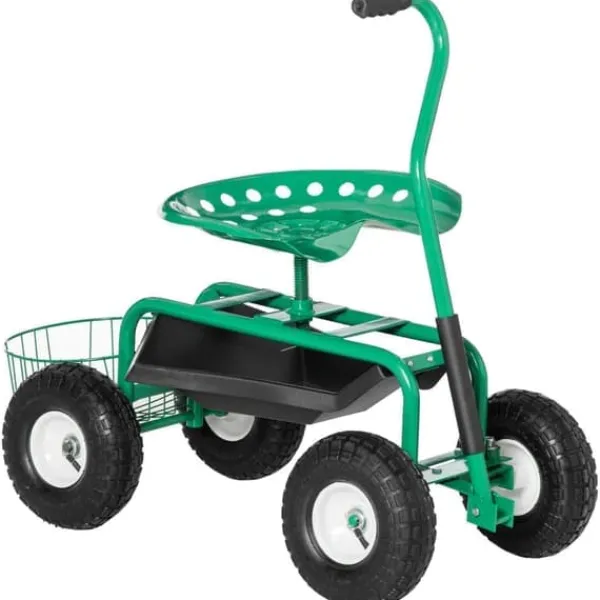 Hot Trädgårdsvagn/verkstadsvagn med roterbar sits & korg, höjdjusterbar, 150 kg, grön, 81×44,5×46–59 cm Stöd Med Hjul, Säten & Knäskydd För Trädgårdsskötsel