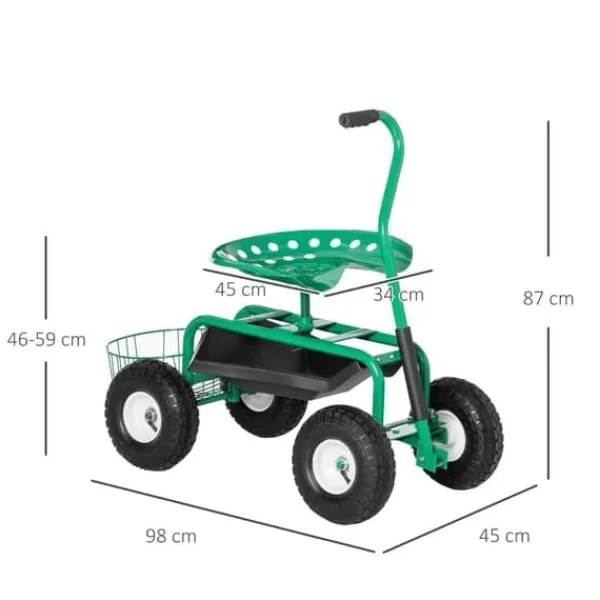 Hot Trädgårdsvagn/verkstadsvagn med roterbar sits & korg, höjdjusterbar, 150 kg, grön, 81×44,5×46–59 cm Stöd Med Hjul, Säten & Knäskydd För Trädgårdsskötsel