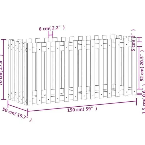 Online Upphöjd odlingslåda i massiv furu med staket-design | Storlek: 150x50x70 cm Planteringsbänkar