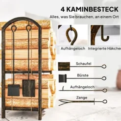 Sale Vedställ 43×30×74 cm, 2 nivåer, med 4 eldstadsverktyg och krokar Tillbehör Till Vedeldade Kaminer & Öppna Spisar