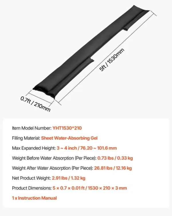 Online Översvämningsbarriär - Vattenaktiverade sandfria översvämningspåsar 4-pack - Återanvändbara - Storlek 153 x 21 cm - För dörrar/källare/garage Beredskapsplaner