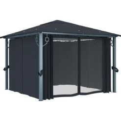 vidaXL Paviljong med gardin & ljusslinga LED 3x3 m antracit aluminium - Partytält & paviljoner