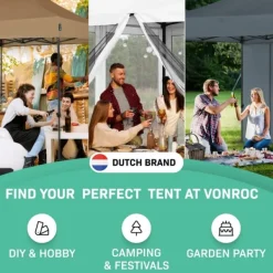 Vonroc Partytält Easy-Up – 3x3 m, UV-Skydd, Vattentåligt, Enkel Montering för Trädgårdsfester och Evenemang