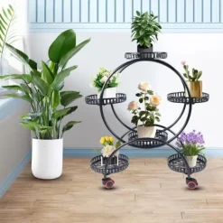 New Växtställ - Blomkrukshylla 4 våningar - Metall - Med hjul - Robust - Rund design - Svart Växtställ