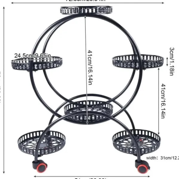 New Växtställ - Blomkrukshylla 4 våningar - Metall - Med hjul - Robust - Rund design - Svart Växtställ