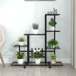 Växtställ på hjul 94,5x25x92,5 cm svart metall Växtställ